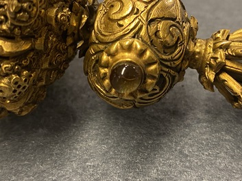 A Chinese agate and crystal-embellished gilt bronze Mandarin hat finial, 18th C.